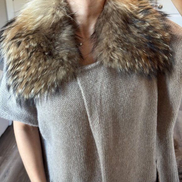 Yves Salomon Cashmere Sweater Cardigan Raccoon Fur Collar Brown Luxury Designer - Picture 2 of 12
